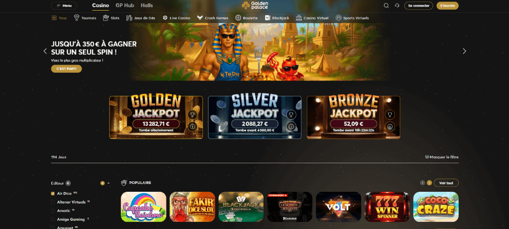 Interface de Golden Palace Casino en Belgique
