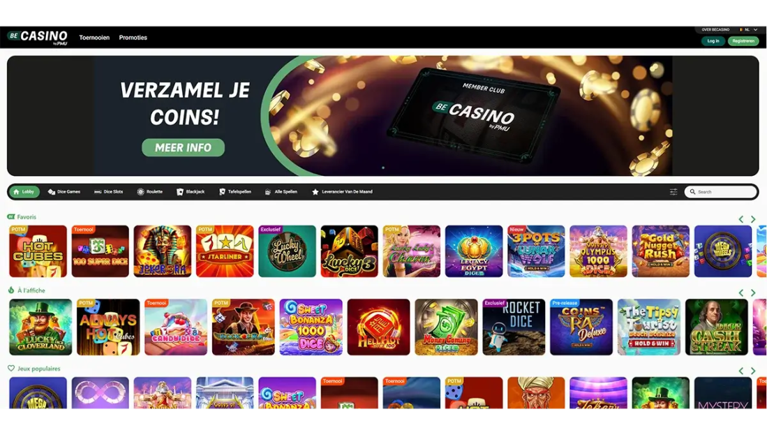BeCasino review: lobby van het online casino van Eurotiercé met de rubrieken dice games en dice slots