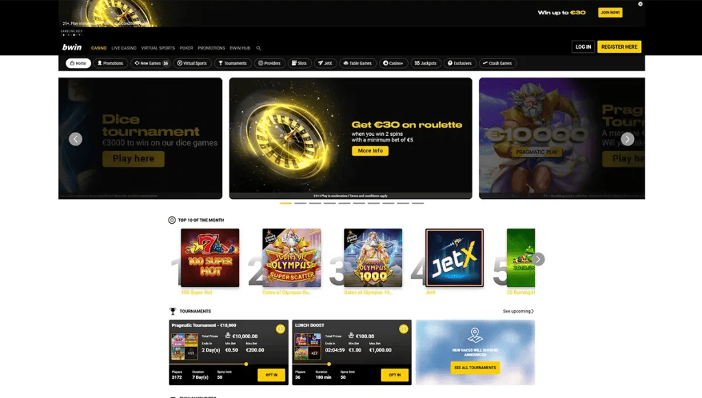 Interface moderne et intuitive du site Bwin Casino, avec accès rapide aux jeux, bonus et options de paiement sécurisées.
