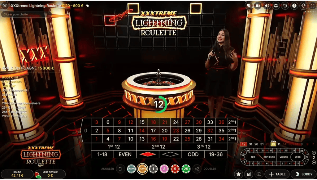 Schermafbeelding van XXXtreme Lightning Roulette van Evolution: live roulette in België met RTP 97,3 %, multipliers en winsten tot 2.000x.