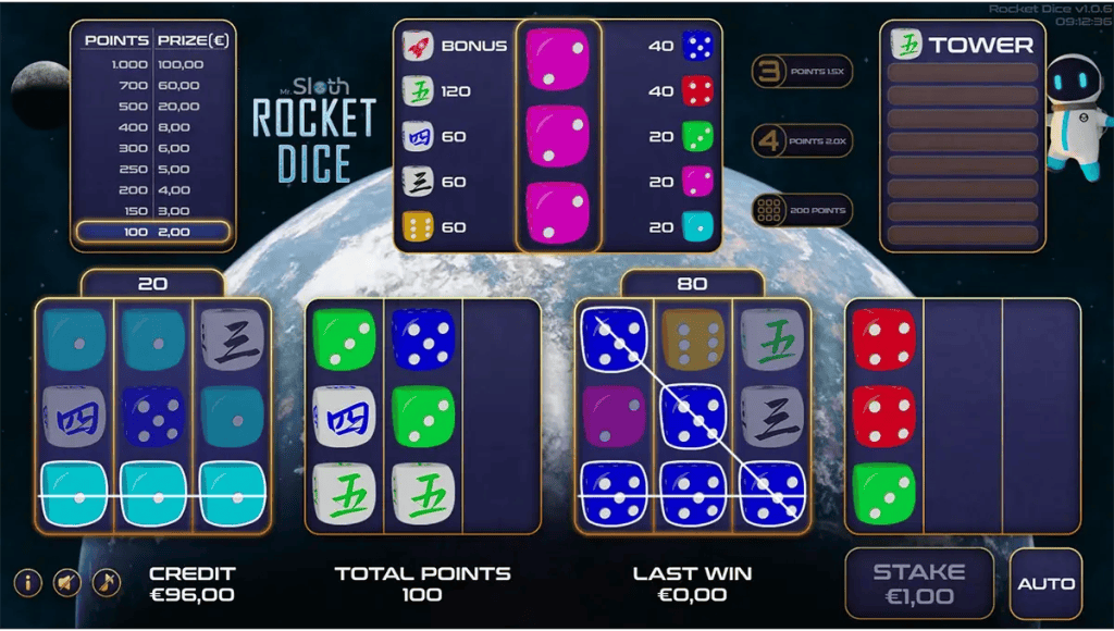 Gameplay-beeld van Rocket Dice van Mr. Sloth met dobbelstenen en de intergalactische 🎲 Toren.