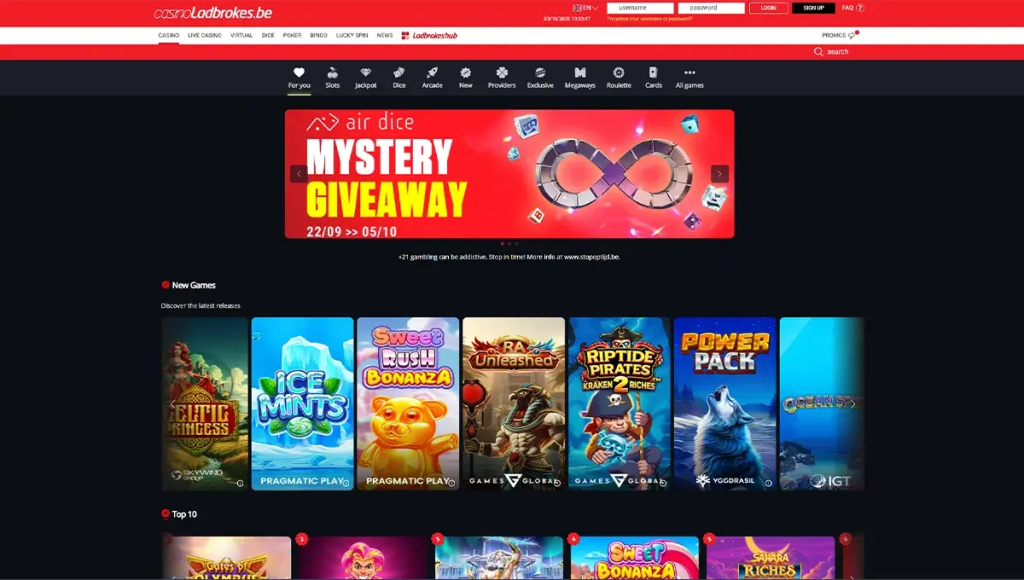 Moderne interface van Ladbrokes Casino België, vlotte navigatie op desktop en mobiel voor veilig spelen en wedden.