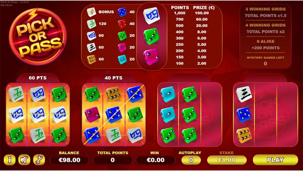 Interface van het spel Pick or Pass van Mr. Sloth op Loco Casino, een strategische dice game gebaseerd op keuze en risico.