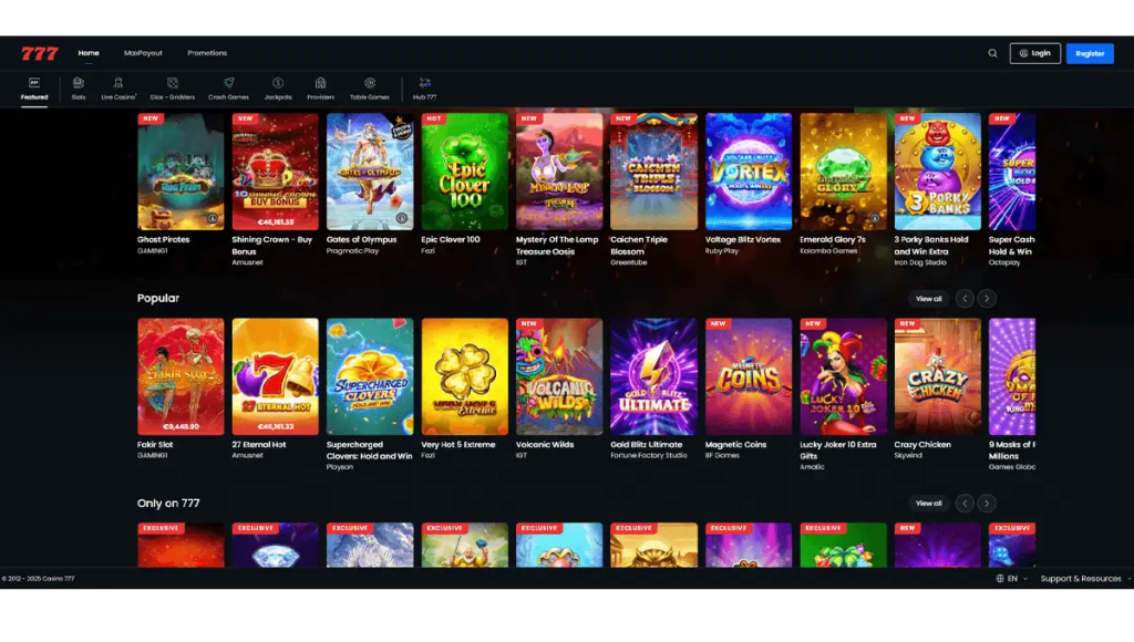 Interface van het Belgische platform 777.be met dice games, slots en een beveiligde toegang tot stortings- en uitbetalingsopties.