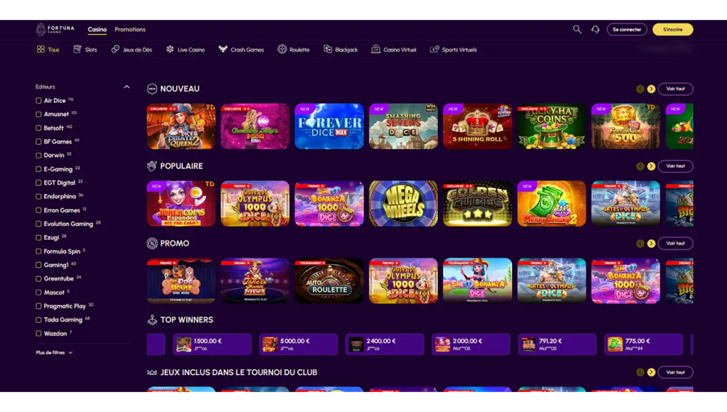 Catalogue de Fortuna Casino avec le filtre par éditeur