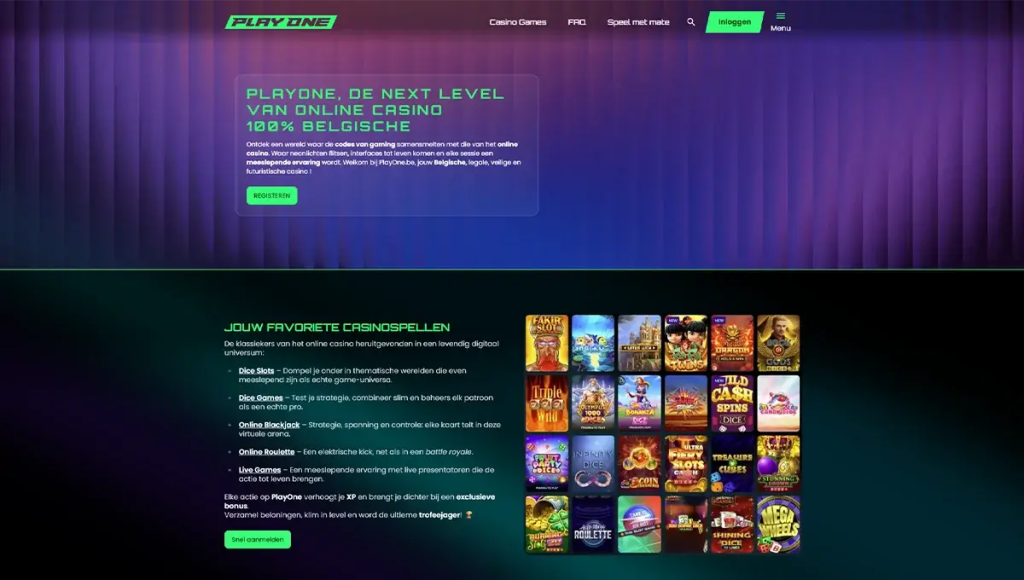Lobby van PlayOne Casino met weergave van dice games, slots en live spellen in een futuristische interface die volledig mobielvriendelijk is.