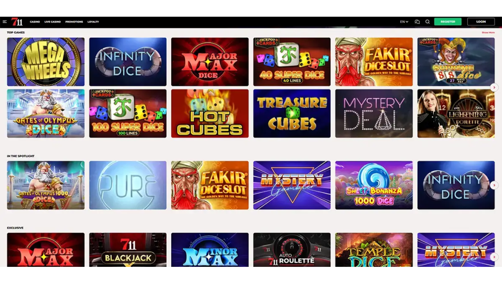 Interface van 711 Online Casino met het game-lobby, inclusief slots, dice games en live tafels zichtbaar in preview.