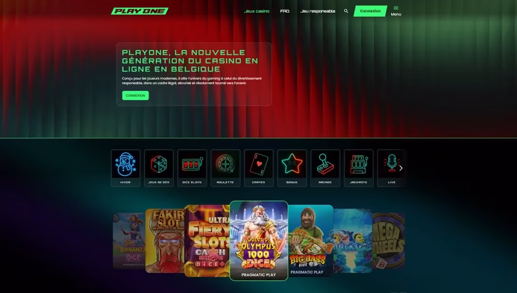 Interface du casino en ligne PlayOne.be, nouveau casino belge sous licence officielle, proposant des jeux de hasard en ligne dans un cadre légal et réglementé en Belgique.
