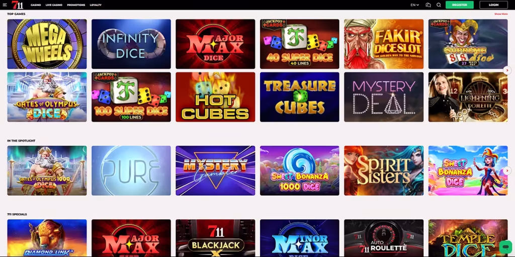 Interface de 711.be, casino en ligne légal en Belgique avec navigation claire, inscription via itsme et environnement de jeu sécurisé pour les joueurs belges.