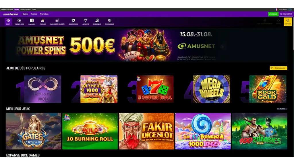 Page d'accueil de Meridian Casino : le menu affiche Jeux de dés en troisième position et une rubrique Machines à sous dés distincte des slots classiques.