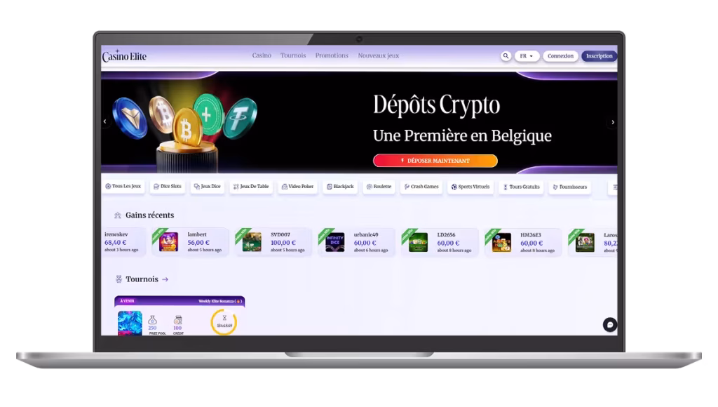 Interface du site Casino Elite en Belgique présentant la possibilité de déposer avec des cryptomonnaies.