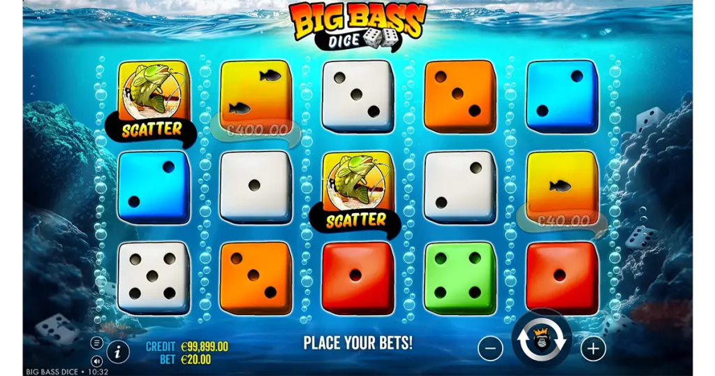 Gameplay de Big Bass Dice, wild pêcheur et symboles poissons
Le wild pêcheur collecte toutes les valeurs poissons visibles à l'écran
