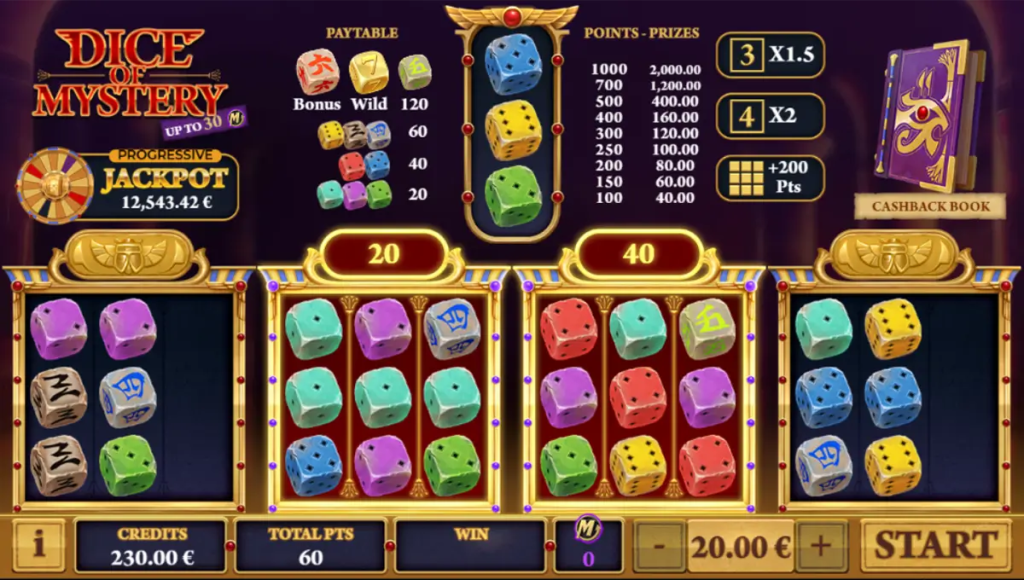 Gameplay van Dice of Mystery met de vier 3×3-rasters en de kolom gouden WILD-dice.