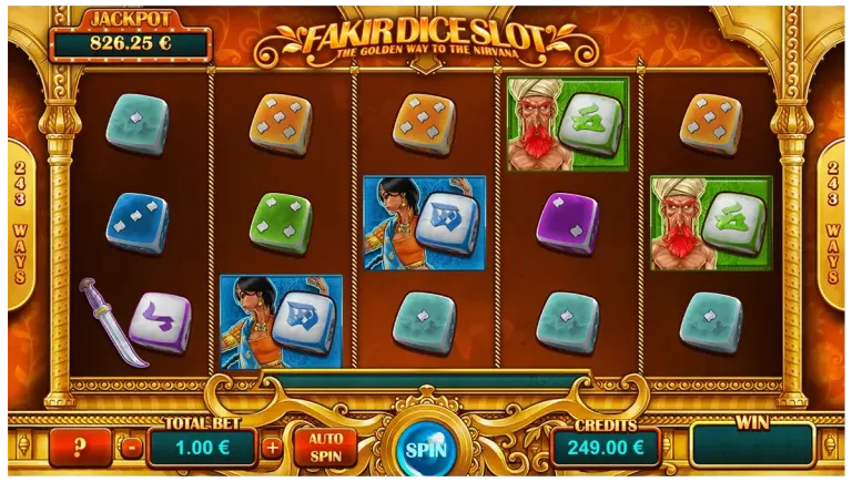 Gameplay van Fakir Dice Slot met 243 winmogelijkheden