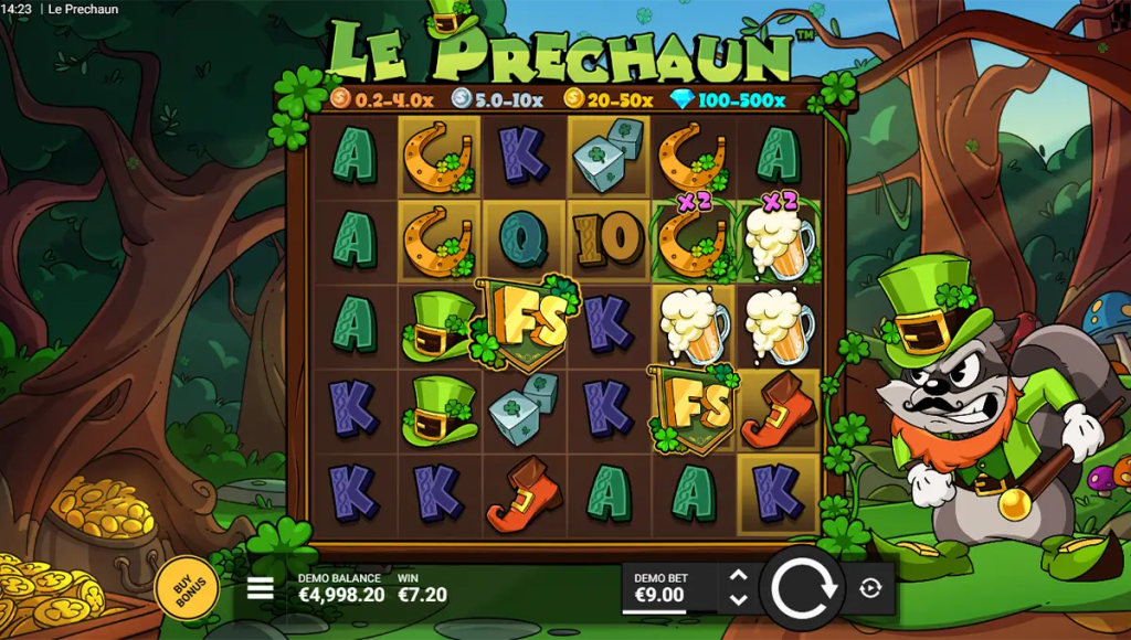 Gameplay van Le Prechaun met het 6×5-raster en de geactiveerde Golden Squares