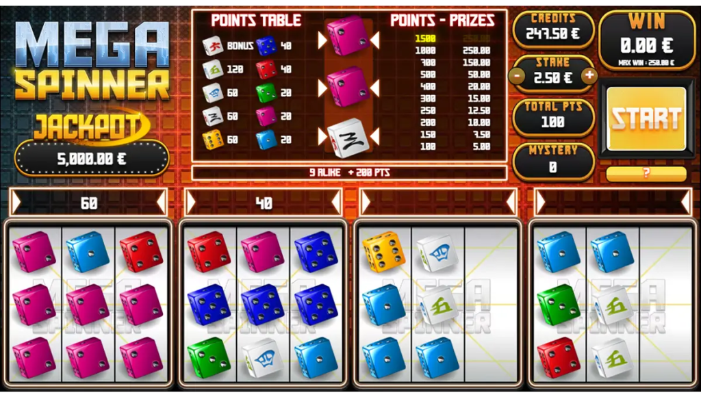 Gameplay van Mega Spinner, vier dice-roosters