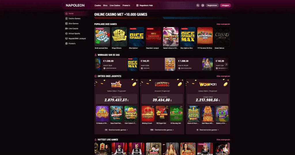 Interface van het online casino Napoleon Games, spelcatalogus.