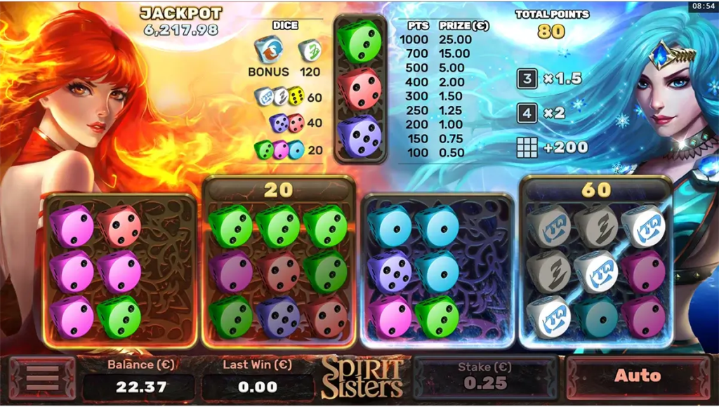 Gameplay van Spirit Sisters met de vier 3×3-rasters en de winlijnen.