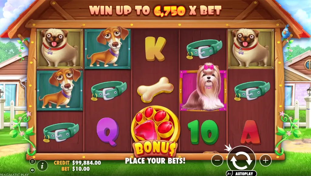 Gameplay van The Dog House met de hondenhok-wild op de middelste rollen