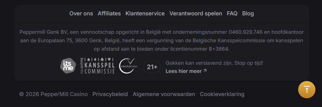 Voettekst van een Belgisch online casino met zijn vergunningsnummer en het logo van de Kansspelcommissie