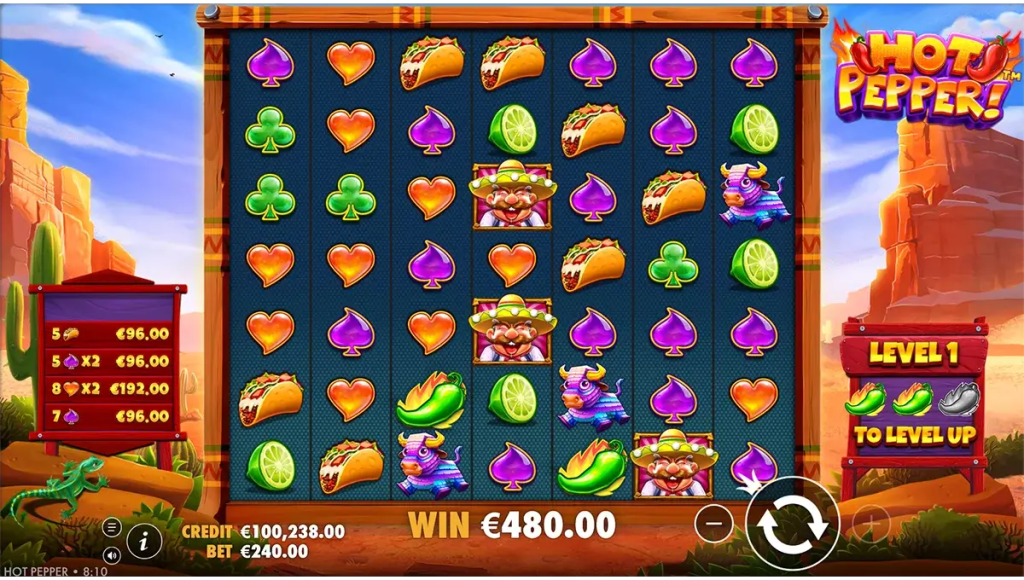 Gameplay van Hot Pepper met zijn raster van zeven rollen op zeven rijen.